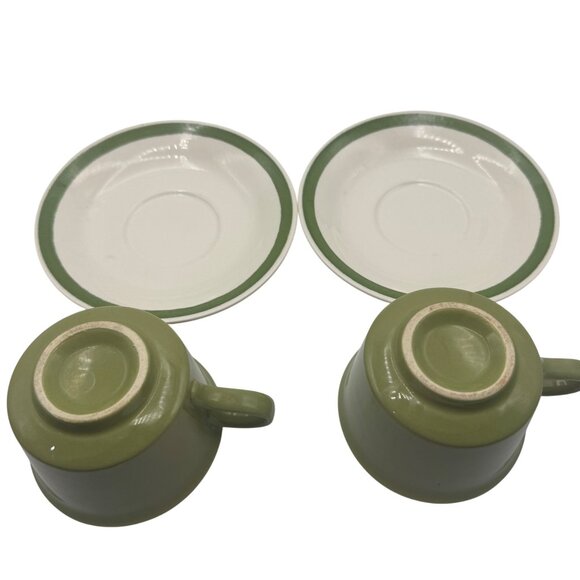 Set Of Two Ceramic Teacups With Matching Saucers Green And White Accent Design - Picture 5 of 6